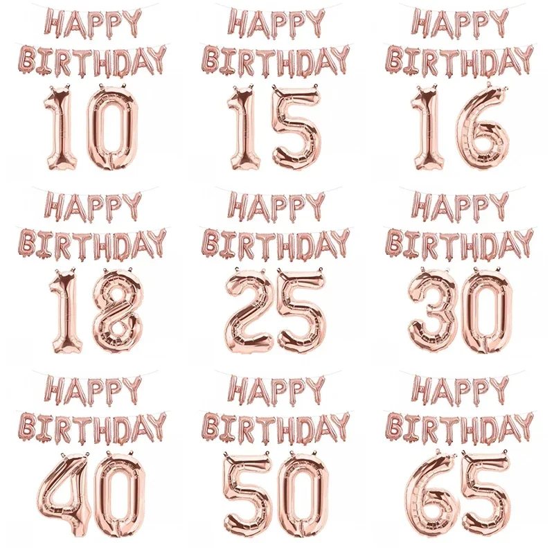 15pcs Rose Gold Happy Birthday Number Foil Balloon Kids Adult Party Simple Decorations Boy Girl 10 18 25 30 40 50 60 70 Year Old