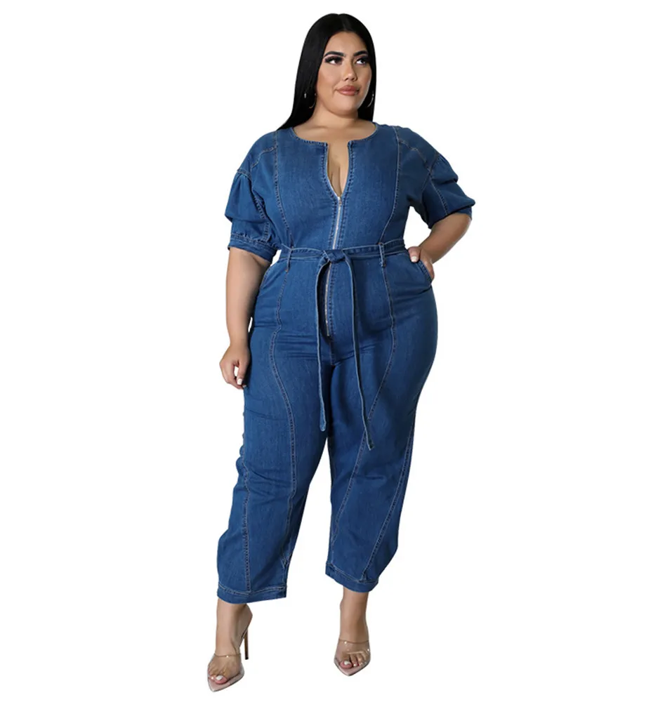 Wmstar Plus Size Jumpsuit Women Denim Zipper Up Sashes Pockets Trousers Stretch Straight Bodysuit 2022 Wholesale Dropshipping