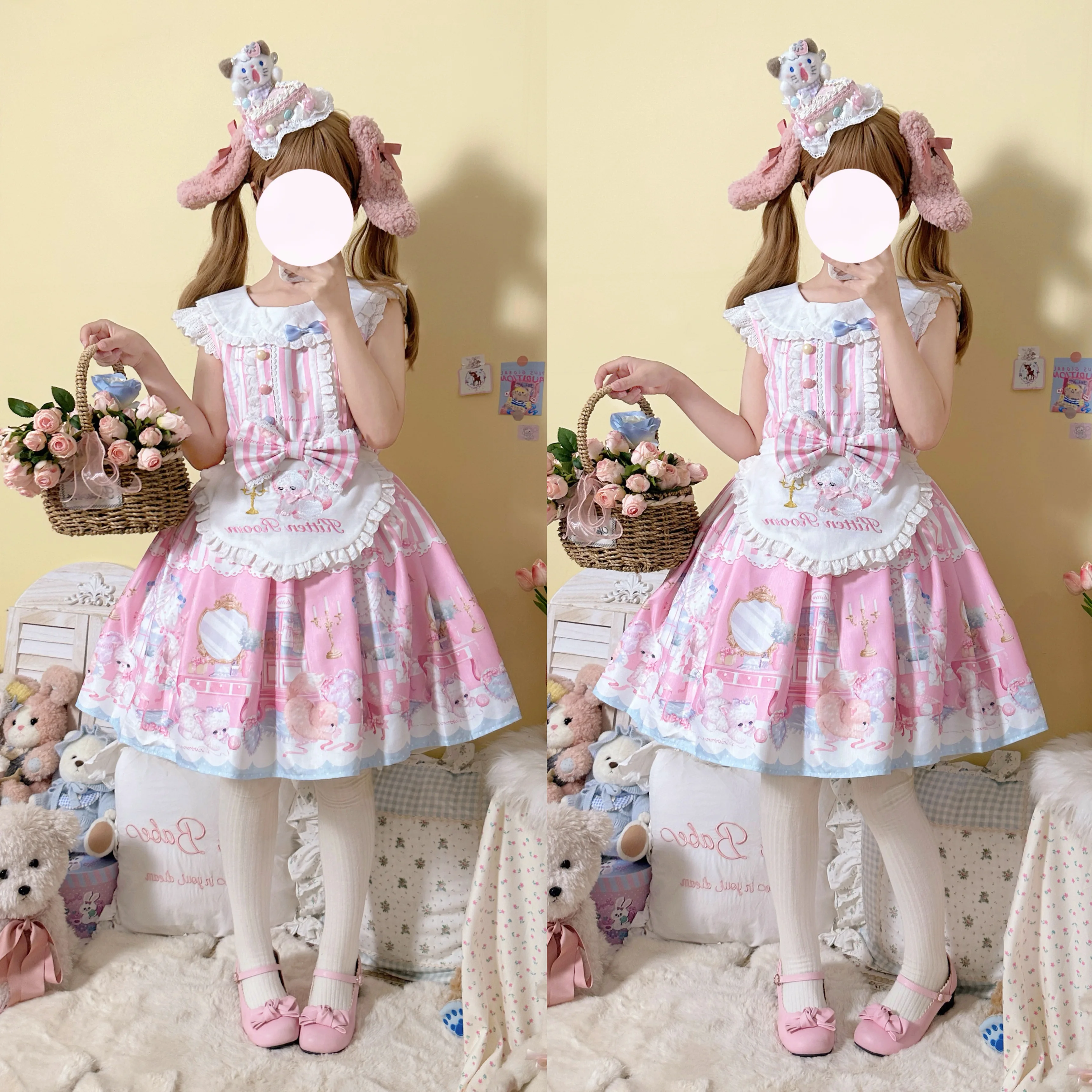 

Sweet Lolita Jsk Dress Japanese Soft Girly Camisole Dress Cute Cat Cartoon Printing Bow Sleeveless Lace Ruffles JSK Dress