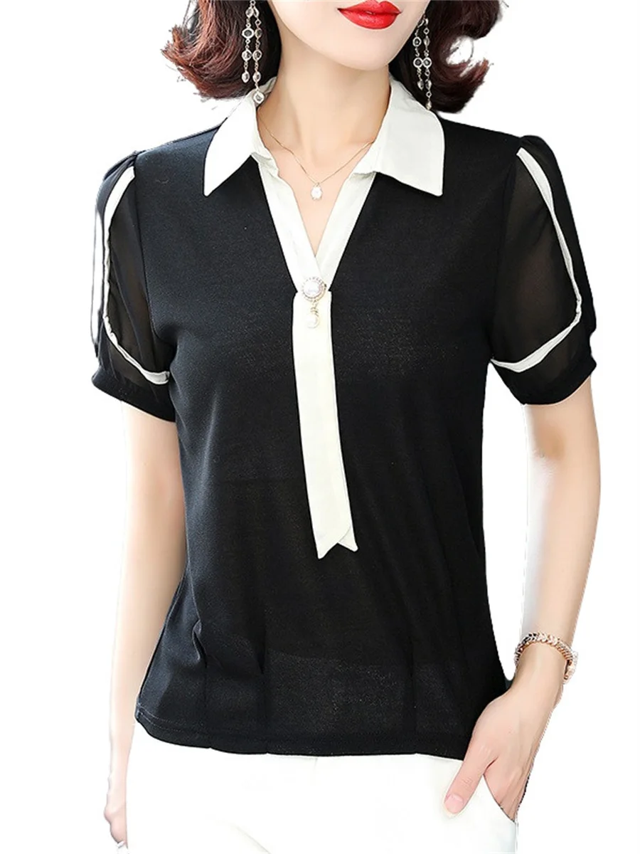 

4XL Women Spring Summer Blouses Shirts Lady Fashion Casual Short Sleeve Turn-down Collar Solid Color Blusas Tops CT0516
