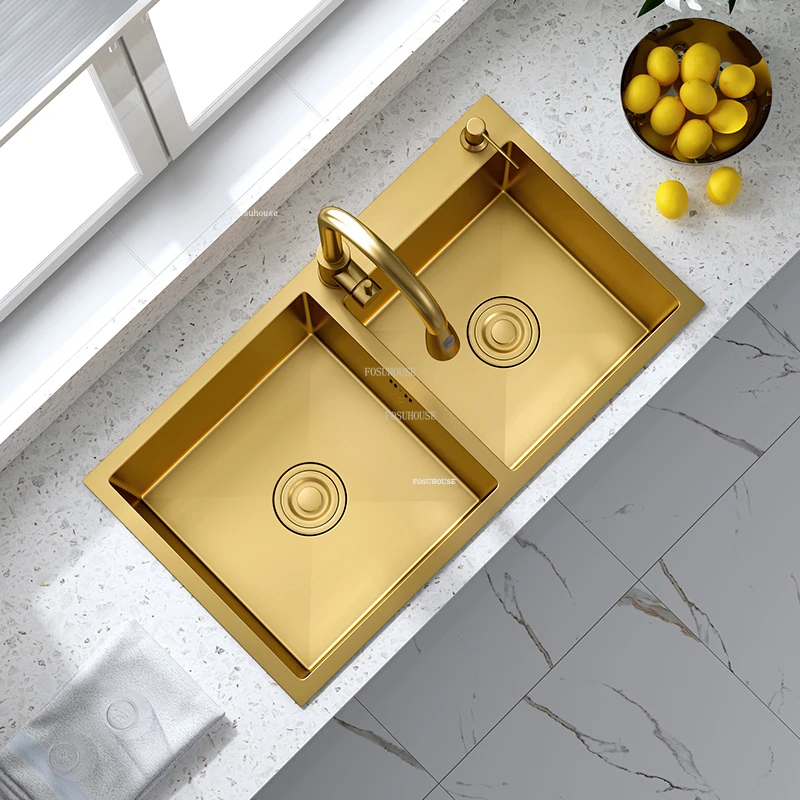 Light Luxury Kitchen Sinks Stainless Steel Home Kitchen Sink Creative Large Gold Nano Sink Handmade Double Accessories