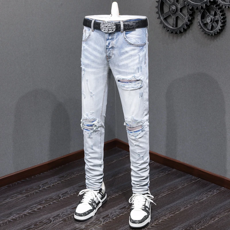 Street Fashion Men Jeans Retro Light Blue Stretch Elastic Skinny Fit Ripped Jeans Men Hole Patched Designer Hip Hop Brand Pants