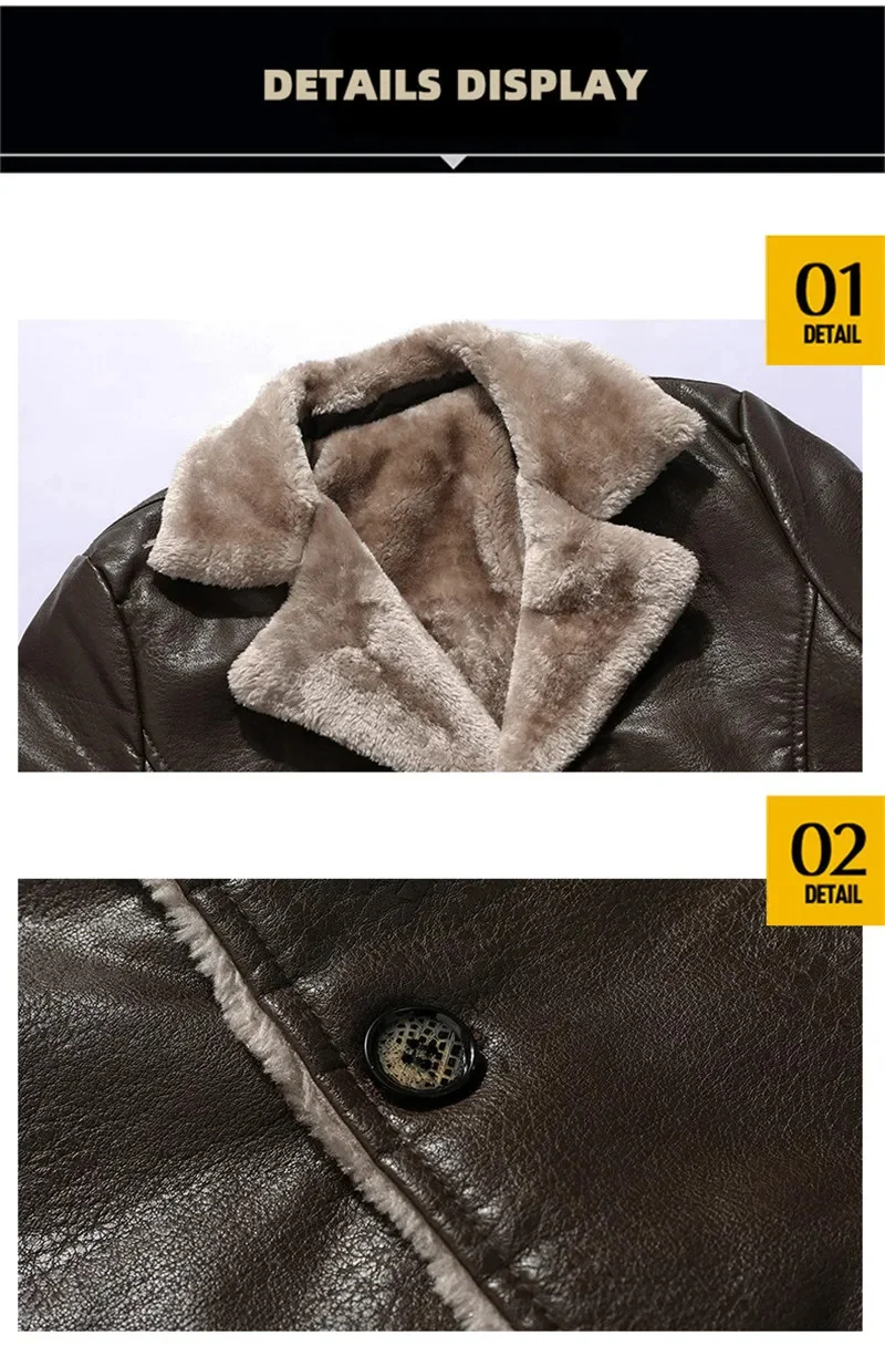Description Picture 4 of itemWinter Thick Velvet Leather Coats Men Fur Thicken Parka Jaqueta Masculina Windbreaker Plush Parkas Plus Size 4XL Trench Jackets