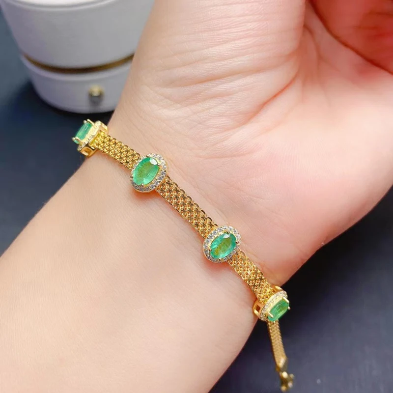 

Natural Emerald Bracelet for women silver 925 jewelry luxury gem stones 18k gold plated free shiping items