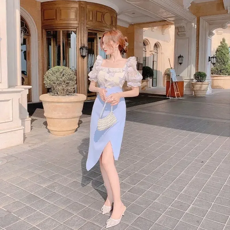 Skirt Party Short Sleeve Kawaii Midi Women's Two Piece Set Blue