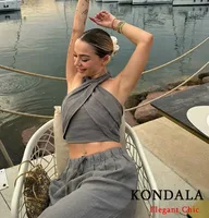 KONDALA Sexy Casual Crossover Camisole Top Set Women New 2025 Spring Summer Fasion Holiday Beach Pant Set Halter Top with Pant - Image 3