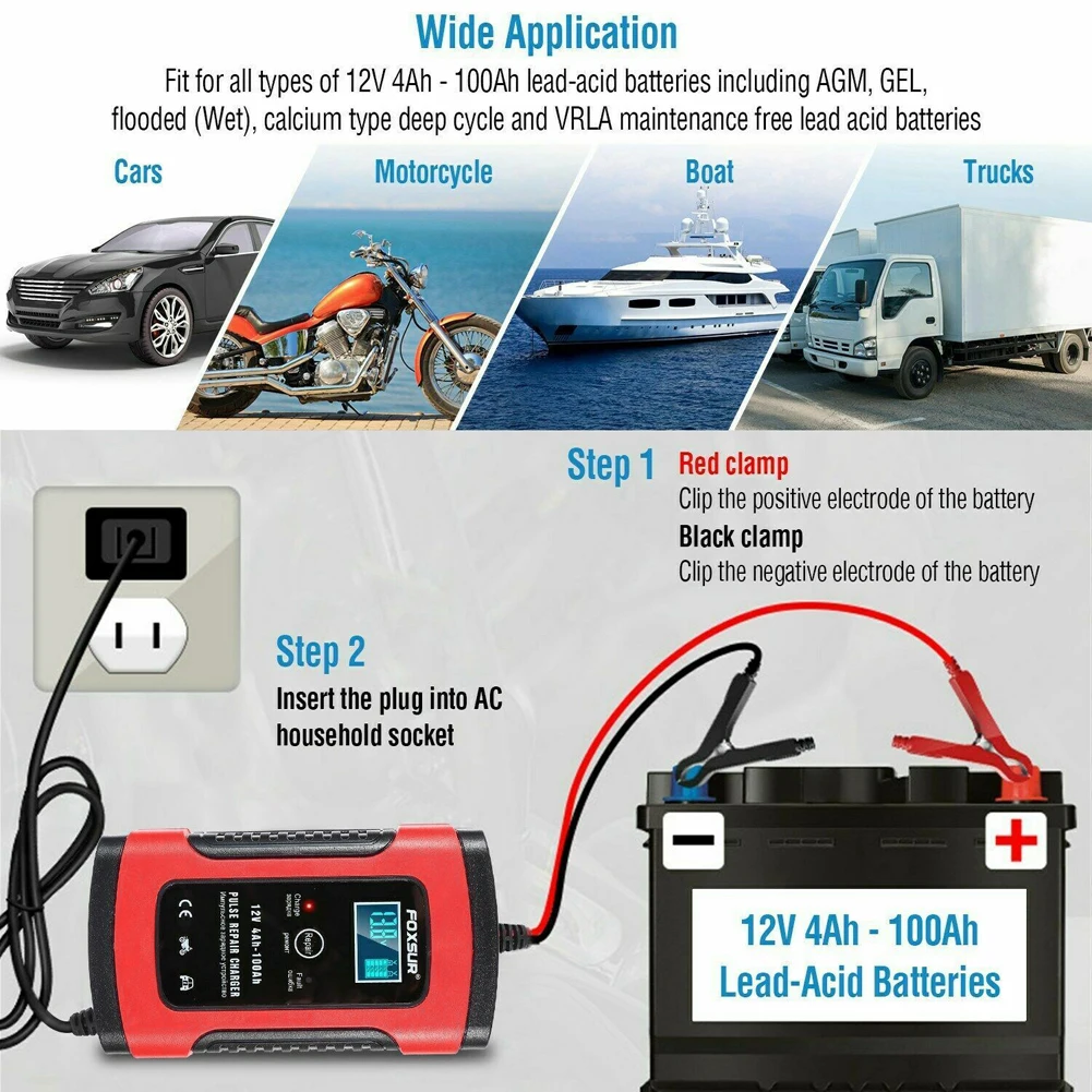 Portable Auto Power Supply LCD Display Car Battery Charger 12V 5A Pulse Repair Motorcycle SUV Truck Motorcycle ATV