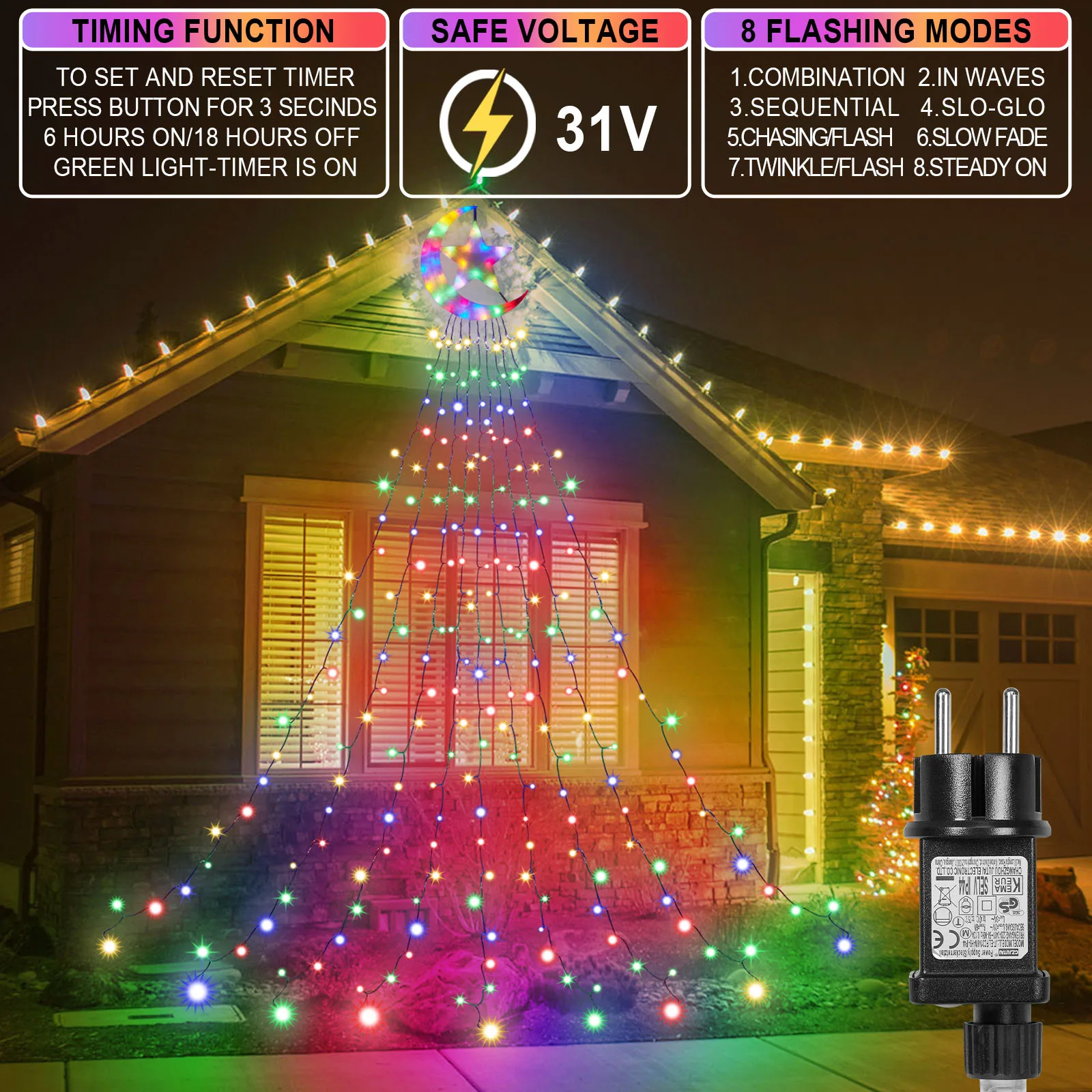 108ft 300LED Christmas Lights Connectable with 8 Modes & Timer