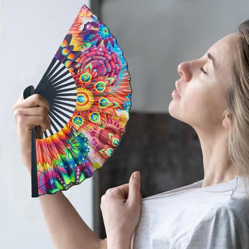 Chinese Style Pattern Hand Held Bamboo Satin Cloth Folding Fan For Church Wedding