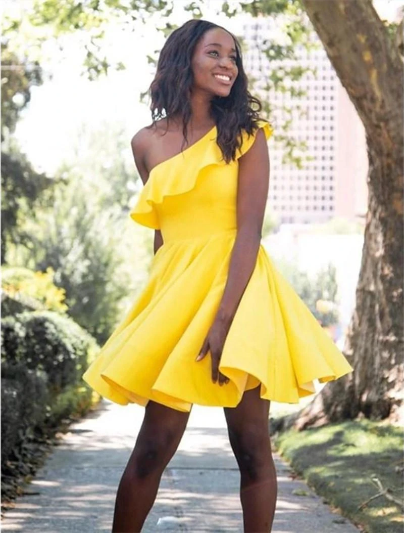 slim fit dress slacks Yellow Satin Short Graduation Prom Dress ,Spaghetti Straps Homecoming –  Siaoryne