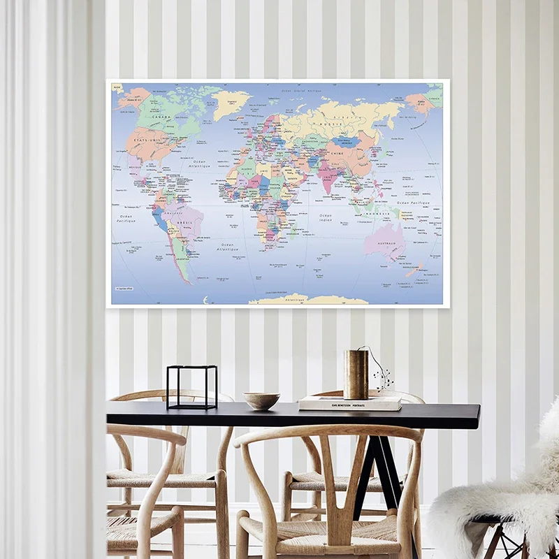 Map Of The World In French 150*100 cm Poster Non-woven Canvas Painting School Supplies Living Room Home Decoration