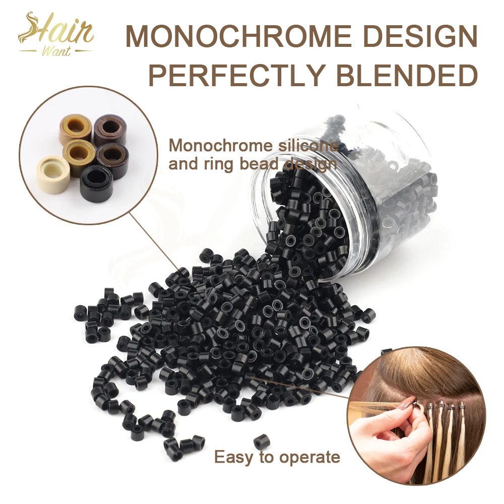 헤어완트 1000개입 4mm 투명 마이크로 비즈 ? 실리콘 라이닝 헤어 익스텐션 비즈, I팁 및 헤어 틴셀 익스텐션용 5가지 색상