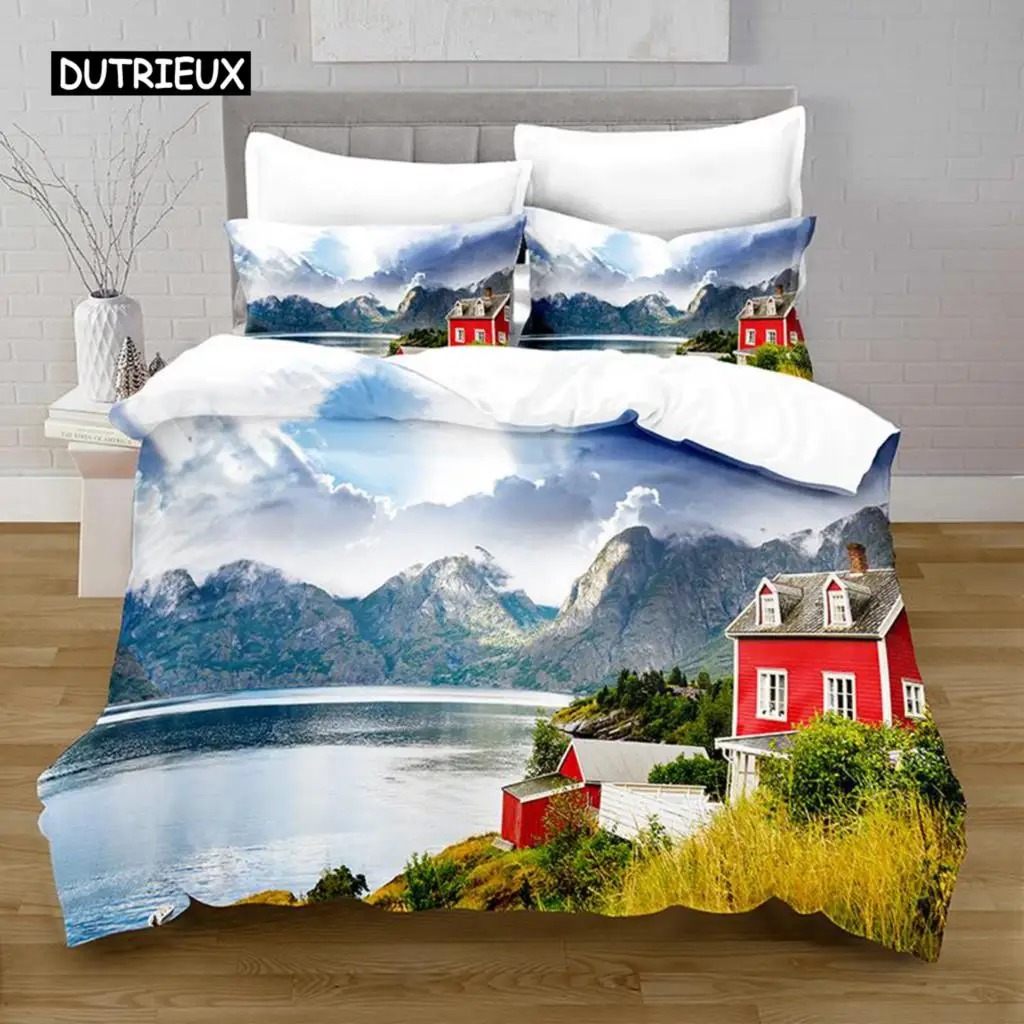 

Lake Duvet Cover Set Microfiber Natural Scenery Theme Bedding Set Mountain Red House Pattern King Size Soft 2/3pcs Quilt Cover