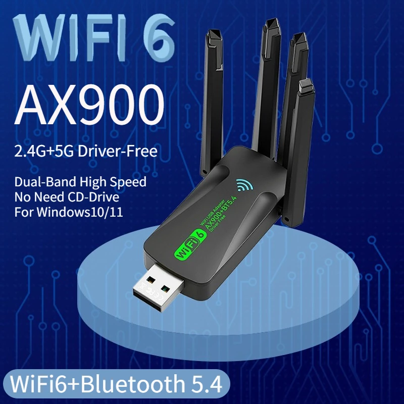 WiFi 6 AX900 USB 어댑터 블루투스 5.4 듀얼 밴드 2.4G 5G 4 안테나 WiFi6 USB 네트워크 리시버 동글 드라이버 프리 윈도우 10/11