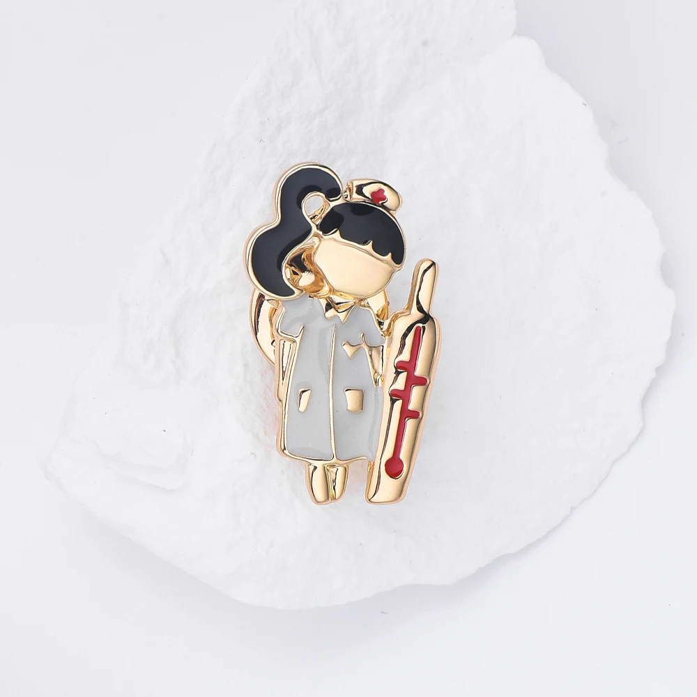 Cute Nurse and Exaggerated Thermometer Enamel Brooch Badge Lapel Accessory Hospital Souvenir Jewelry Pin