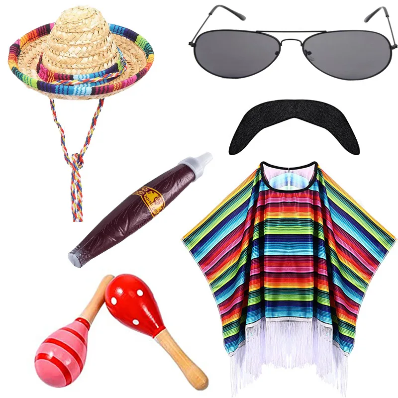 Kid Adult Mexican Party Costume Striped Cloak Poncho Sombrero Hat Sunglasses Mustache Set for Mexican Fiesta Halloween Carnival