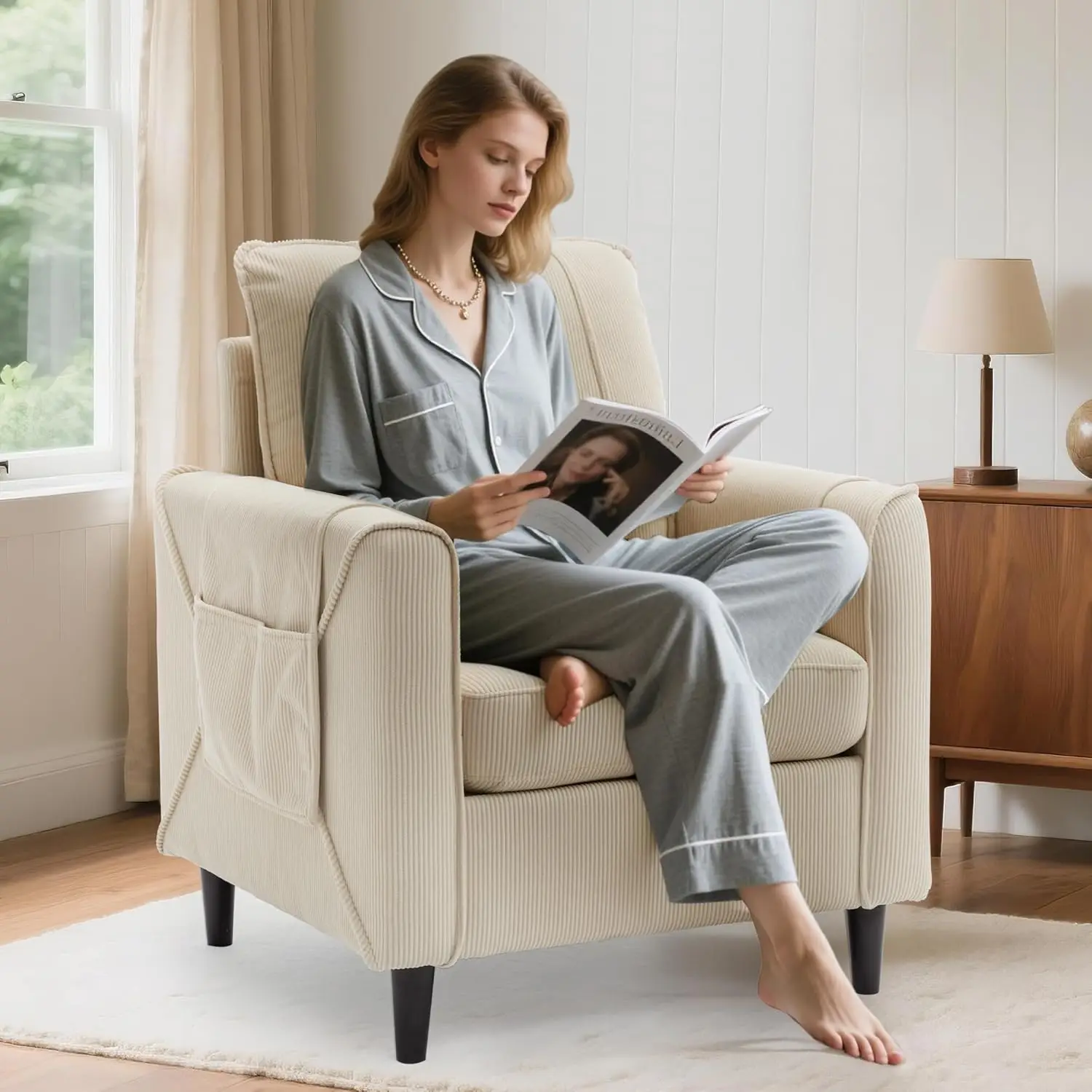 Chair, Arm Chair for Living Room, Mid-Century Modern Upholstered Reading Chair, Comfy Club Chair with Side Pockets