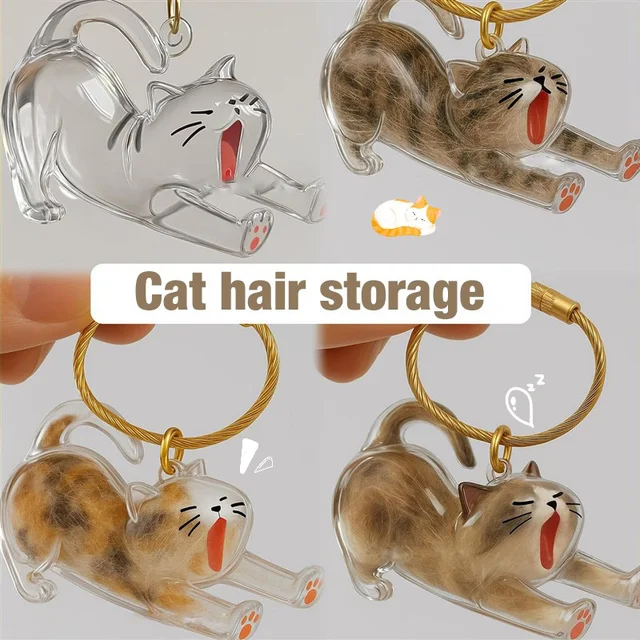 Cat Hair Memorial Storage Keychain Cat Fur Container Pets Cat Fur Collector Capsule Keyring Kitty Hair Hanging Pendants 2