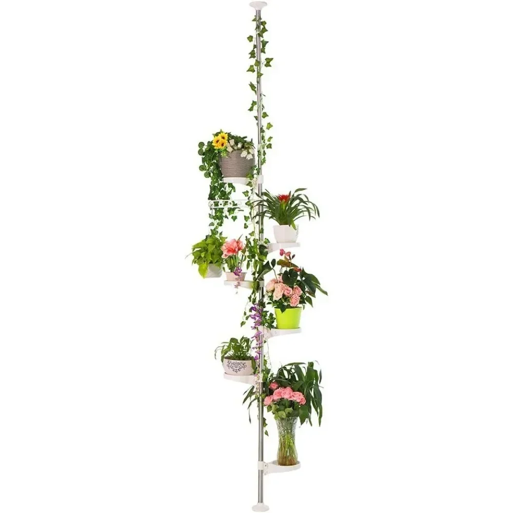 7-Layer Indoor Plant Stands Spring Tension Pole Metal Flower Display Rack Space Saver Corner Floral Pot Hanger Shelf Ivory Stand 6