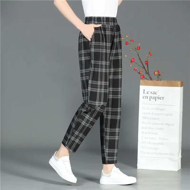 Fashion Elastic Pockets All-match Plaid High Waist Pants Women's Clothing 2024 Summer New Loose Commuter cropped pants