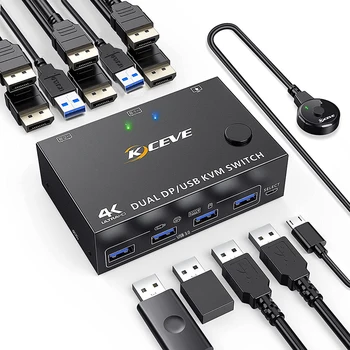 DP 듀얼 모니터 KVM 스위치 디스플레이포트 1.4, USB 3.0 스위처 제어 분배기, 컴퓨터 노트북 공유 키보드 마우스 프린터