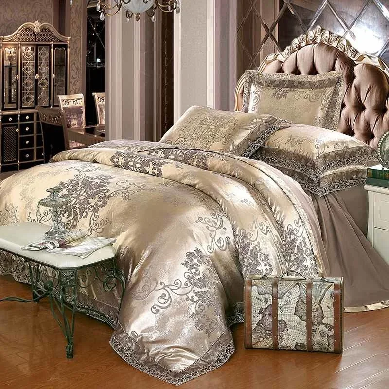 Luxury Jacquard Bedding Set Cotton Duvet Cover Lace Satin Bed Sheet Pillowcases King and Queen Size Bedspread Home Textiles 4PCs