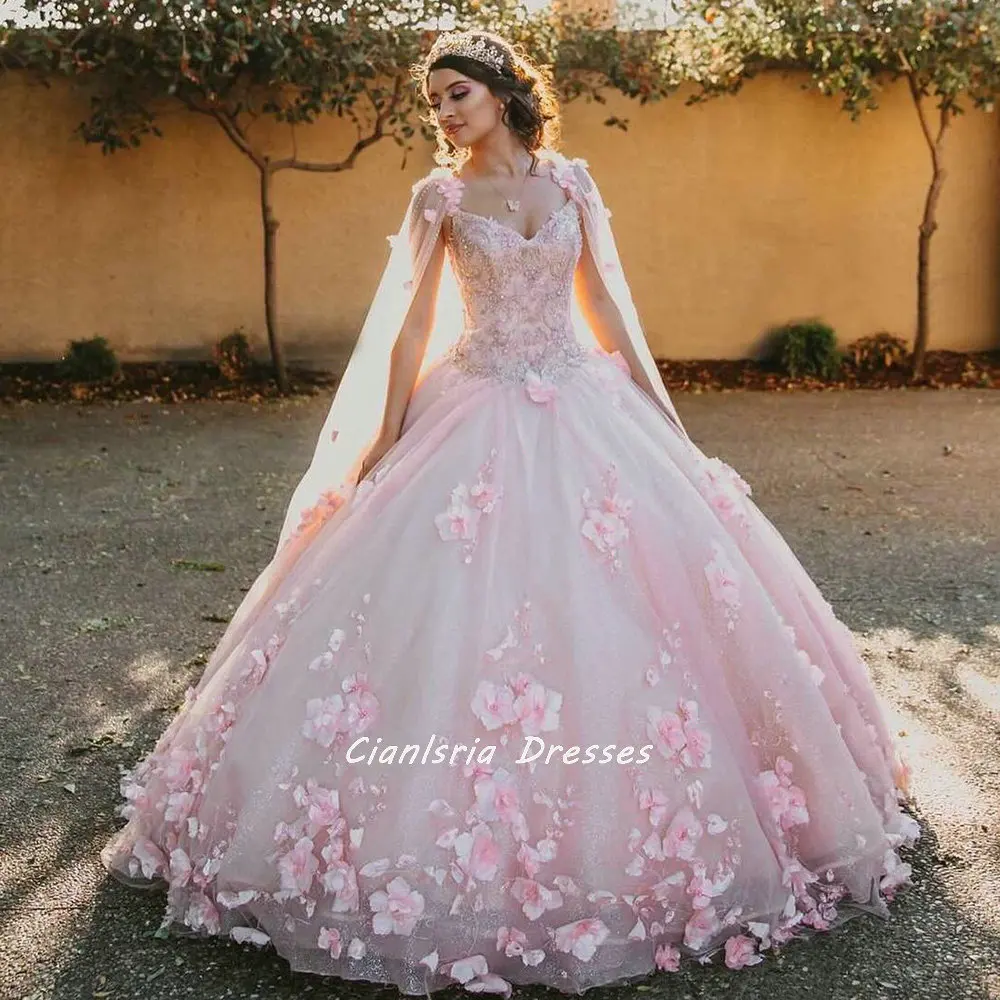 Pink Handmade Flowers Ball Gown Quinceanera Dresses With Cape Off The Shoulder Appliques Lace Vestido De 15 Anos Sweet 16