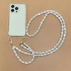 Elegant Pearl Crossbody Necklace Phone Case with Chain and Strap Attachment for iP 12 - 12 Pro (2 shaped chain)