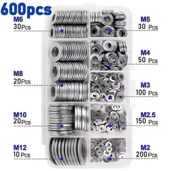 Stainless Steel Flat Washers Set for Home, DIY, and Industrial Use - 600/400/100pcs (600pcs)