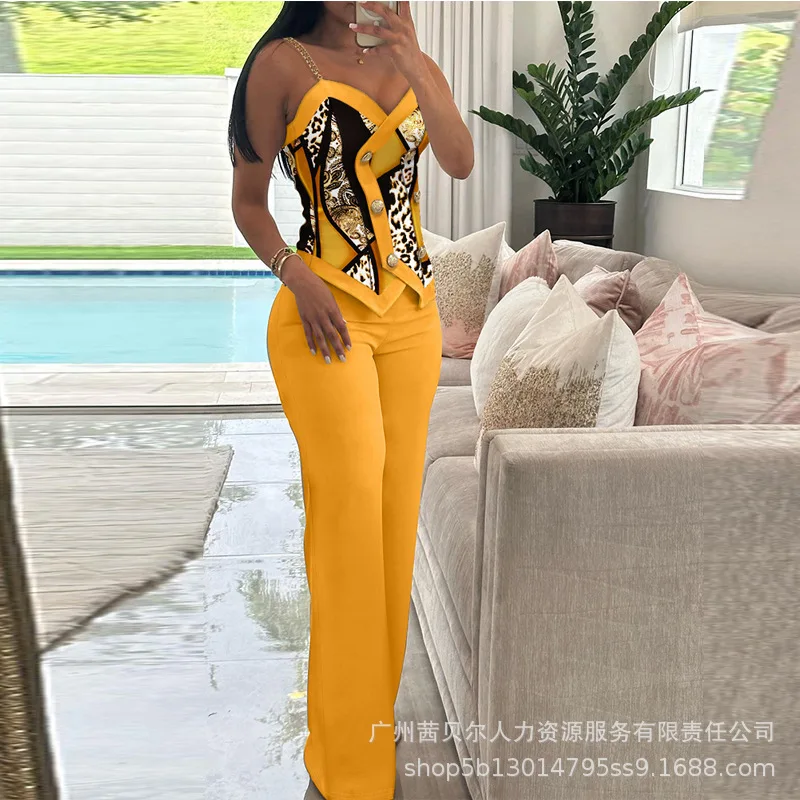 Spring Summer Sleeveless Suit Fashion Print Two Piece Sets Women Sexy V-neck Button Metal Sling Top & Wide Leg Pants Outfits