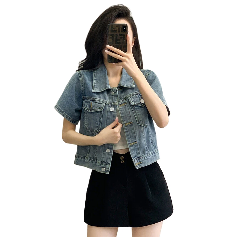 여성용 빈티지 블루 데님 재킷, 주머니가 달린 2024 여름 반팔 스트리트웨어, 레트로 청바지, 크롭 코트 의류