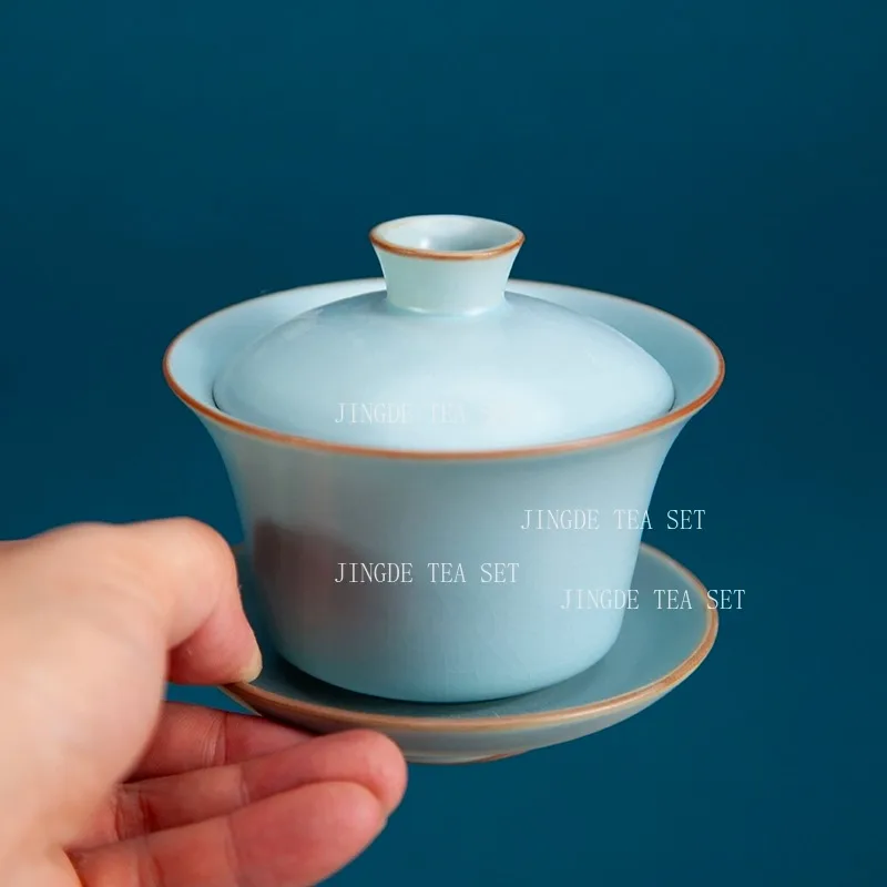 1PCS sky blue exquisite ceramic tea set Handmade gaiwan teacup traditional porcelain tea accessories with covered teacup