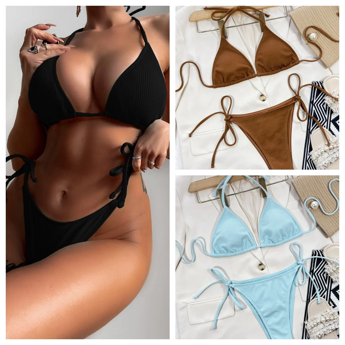 

Женский сексуальный костюм из 2 предметов, летний пляжный купальник, треугольные стринги, бикини с подкладкой, купальник на шнуровке, купальные костюмы с открытой спиной