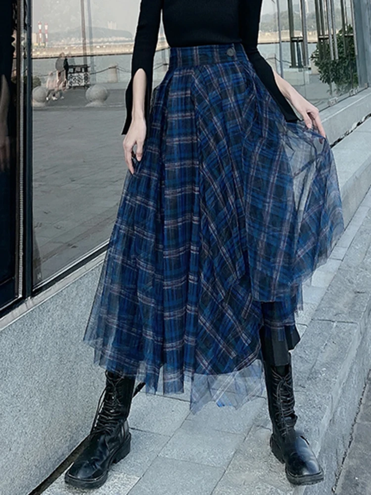 TWOTWINSTYLE Colorblock Plaid Vintage A Line Skirt For Women - Main Image