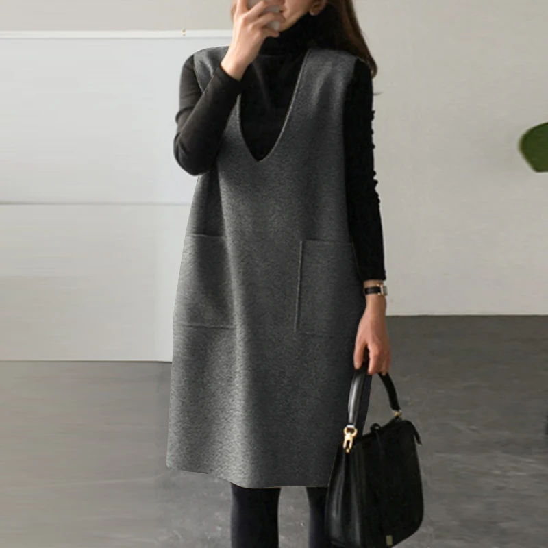 ZANZEA Winter Solide Kleid Vintage Frauen Cord Kleid Casual Lose Ärmellose Schürze Kleid Urlaub Ärmellose Oversize Robe – Detail 11