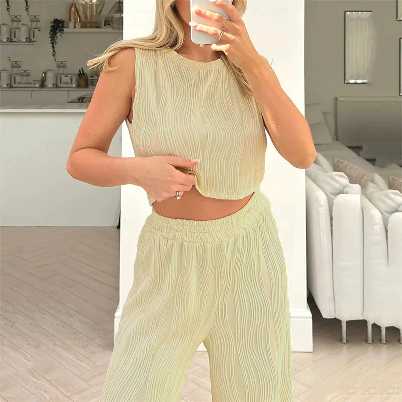 Sleeveless Tank O Neck Cropped Tees Tops Ladies 2 Piece Pants Set Summer Outfit Solid Color Loose Casual Fashion Women Clothing