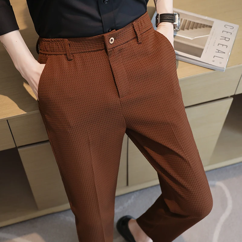 

2024 High Quality Waffle Suit Pants for Men Fashion Slim Fit Casual Business Dress Pants Ankle Length Office Social Trousers 38