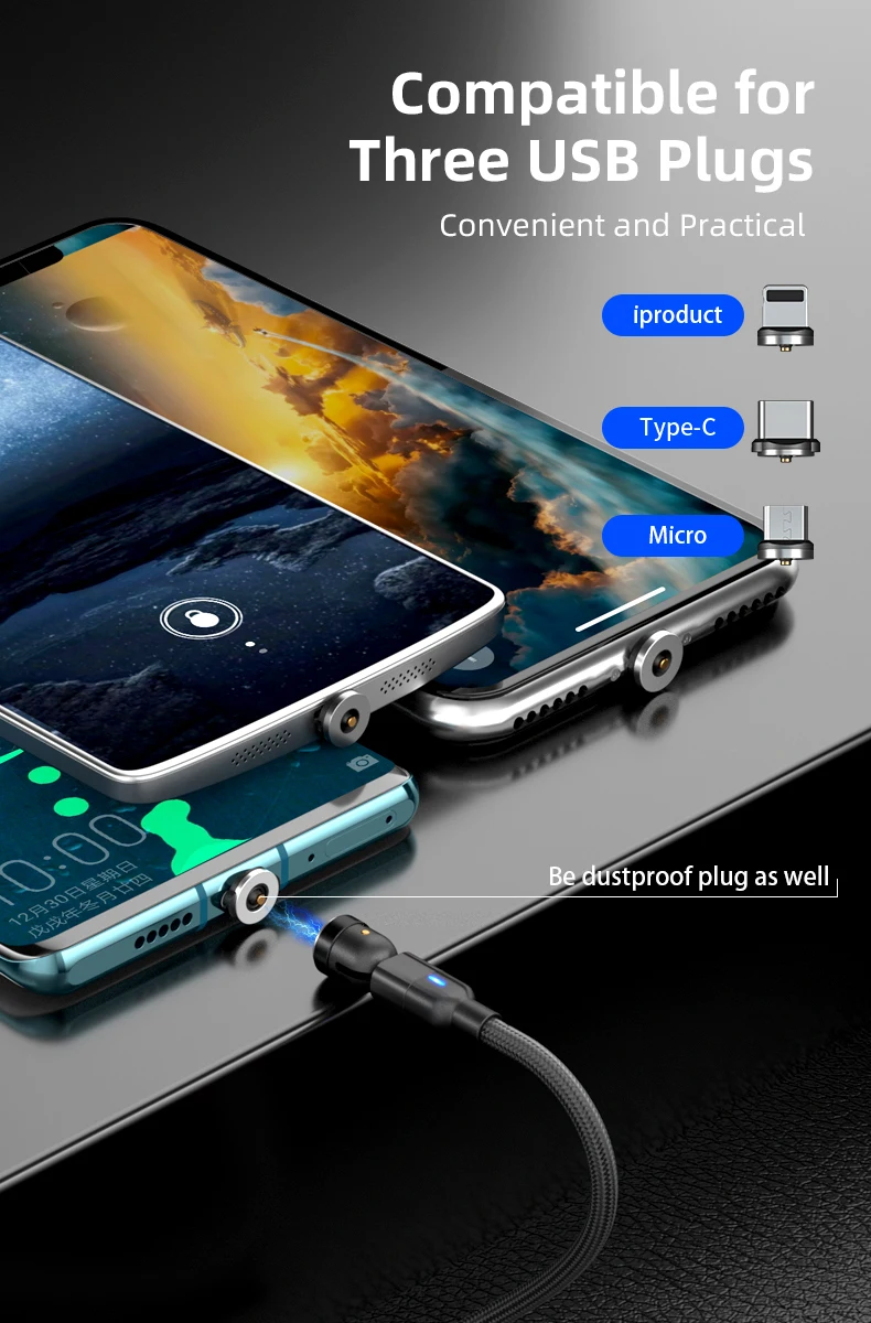 AUFU 540 Drehen Magnetisches Typ C Kabel 3 in 1 Schnellladekabel Für iPhone Xiaomi Samsung Huawei Micro USB Magnet Ladekabel – Detail 9