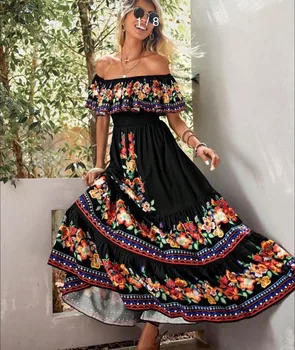 Amazon Off-shoulder Printing Long Dress New Arrival European American Foreign Trade Spring Summer Season Women Fashion 1