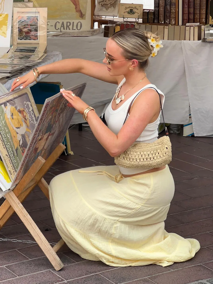 Bornladies 2026 Summer New Women's Yellow Low-Waist Tiered Midi Skirt Lightweight Relaxed Casual Paneled Long Skirt