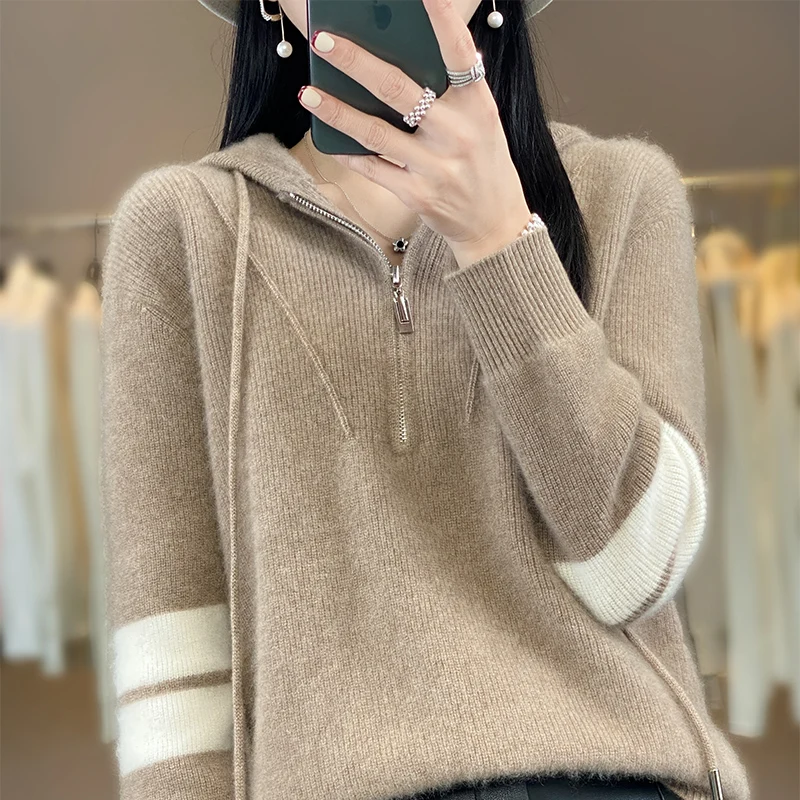 

6 colors New women's hooded sweater, cashmere knitted exquisite full sleeved women's 100 wool pullover, color blocking top