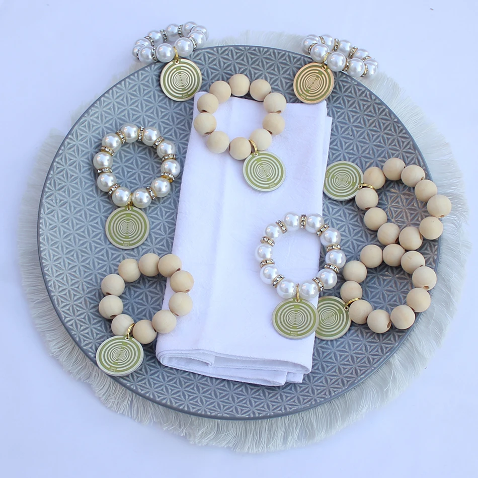 Table Napkin Rings Holder Natural Wood Beads with Polarization Energy Disk MWO Party Wedding Christmas Party Gift Set of 12