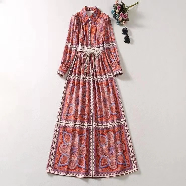 

European and American women's clothing 2023 autumn new lapel Long sleeve vintage print fringe belt Fashion pleated dress XXL
