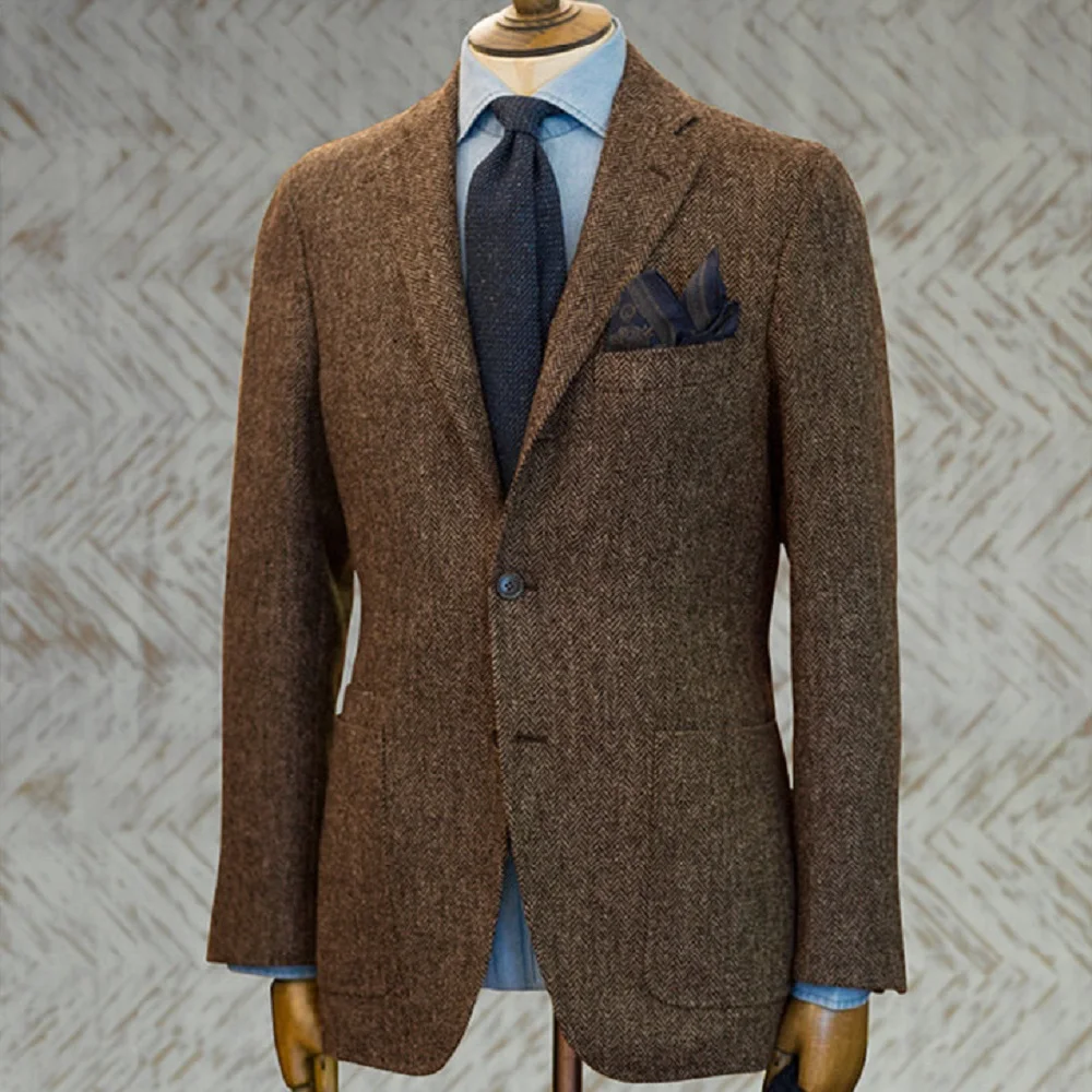 Men's Suit Brown Blazer Prom Tuxedos Herringbone Wool Tweed Single Breasted Formal Bussiness Jacket for Wedding（Only Coat）