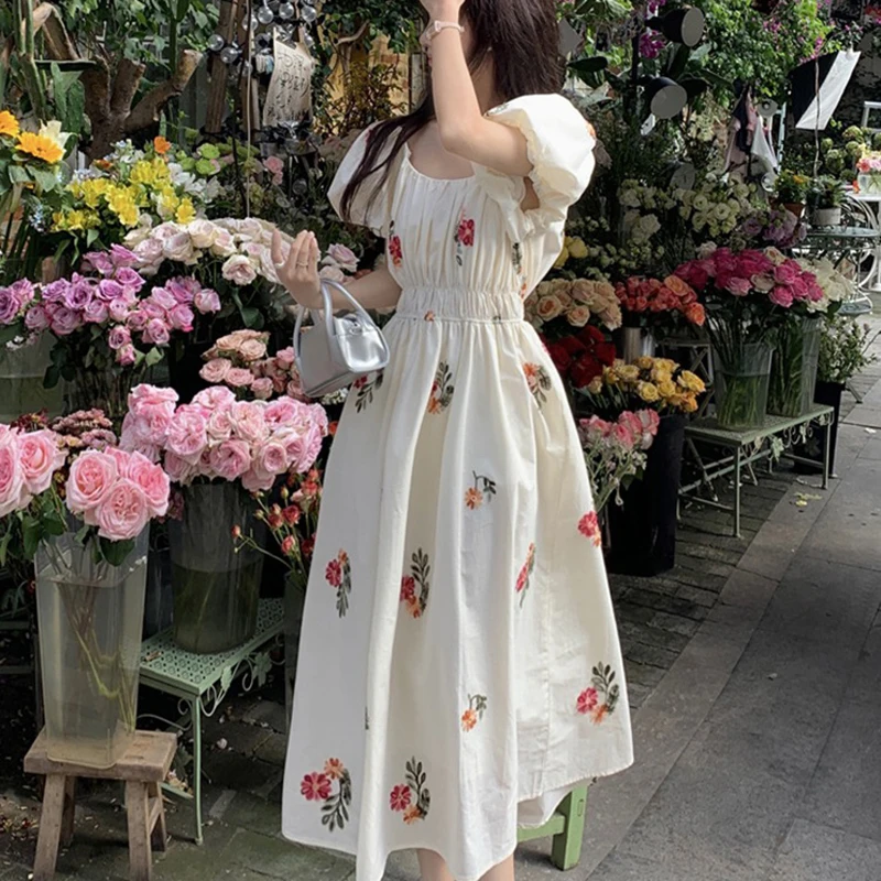 

Summer Floral Print Bubble sleeve Dresses Women Square Collar Maxi Dress Ladies Slim Sundress Elegant Party Vestidos Long Dress