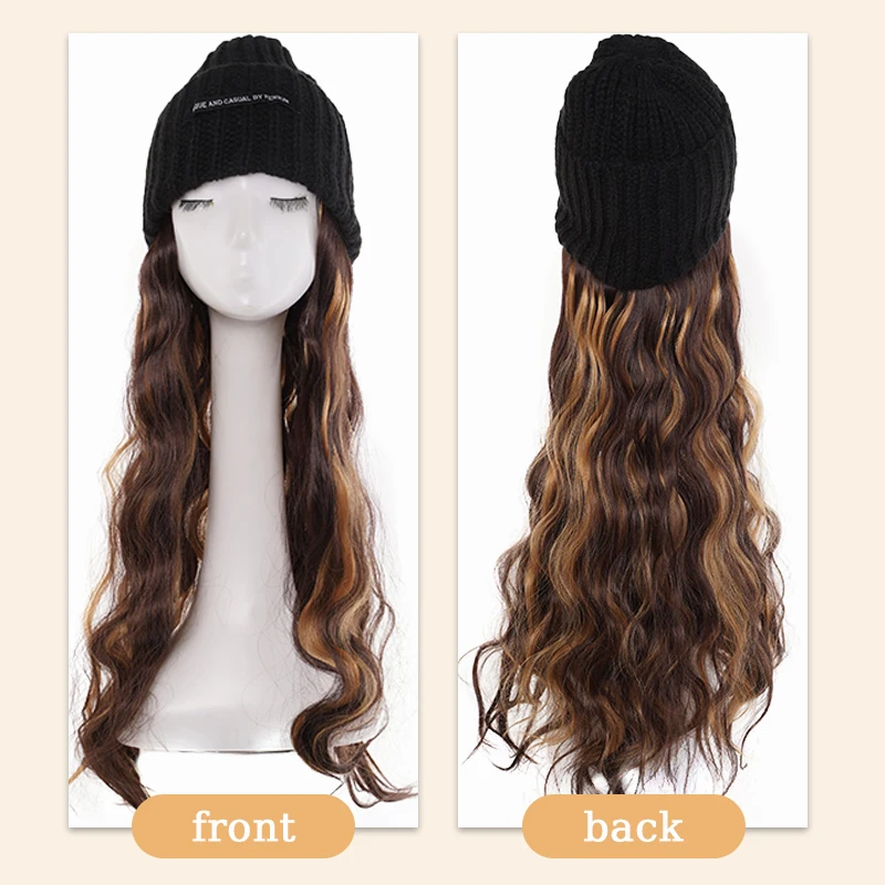 Knitted Hat with Wavy Hair Synthetic 22inch Hat Wig Extensions for Women Winter Warm Beanies Hats Wigs for Christmas Use