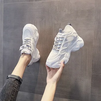 White Mesh Chunky Sneakers For Women Breathable Upper Lace Up Design Round Toe Non Slip Thick Sole Casual Sports Shoes Trendy St
