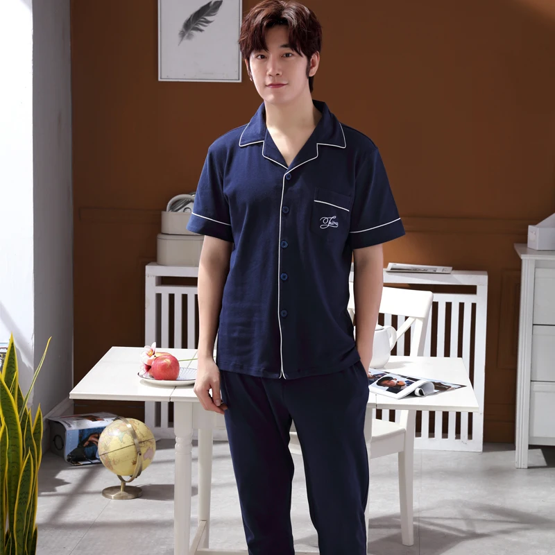 

Summer Full Cotton Pajamas Set Male Sleepwear Family Pijama Hombre Night Suit Men Casual Cardigan Home Clothing Pure Colour Suit