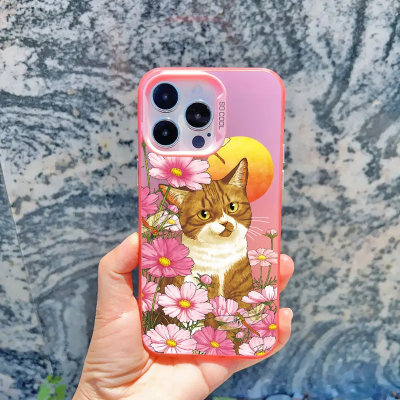 Schöne schwarze Katzen und Blumen Handy hülle für iPhone 13 Mini 12 11 Pro Max 15 14 13 Pro Max 15 14 plus stoß feste Laser-Rückseite – Detail 4