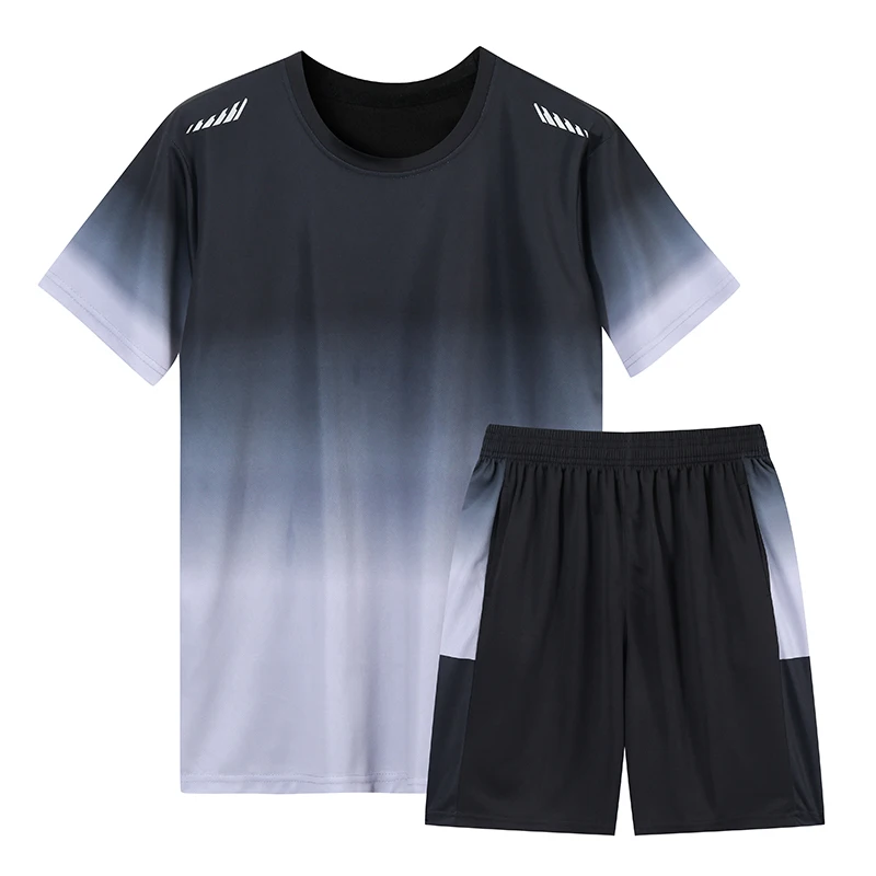 Summer Fitness suit Men's Women's Casual Gradient Print Ice Silk T-Shirt + Sports Shorts suit Men's Jogging Training 2-Piece Set
